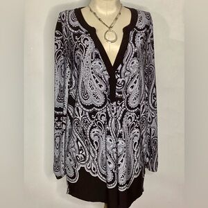Cb Established 1952 Paisley V-Neck Black White Tunic Blouse XL